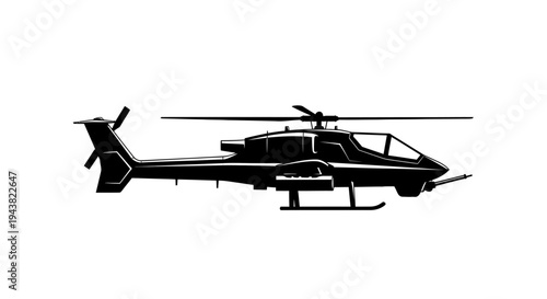 Silhouette of a military attack helicopter in flight, side view, black on white background
