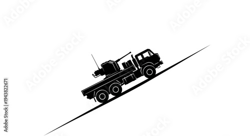 Silhouette of a military truck with a cannon on a steep incline, black and white