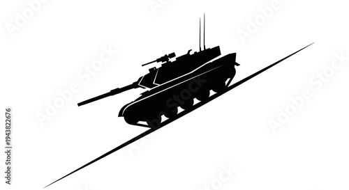 Silhouette of a military tank ascending a steep slope, symbolizing power and challenge.