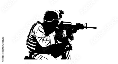Silhouette of a soldier aiming a rifle, tactical gear, military action, combat readiness