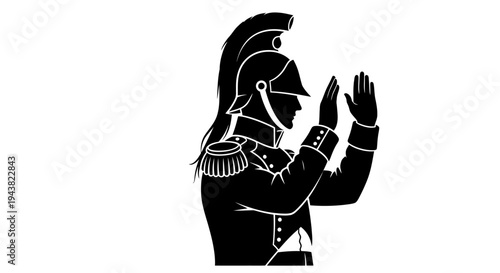 Silhouette of a soldier in historical uniform with plumed helmet, raising hands in surrender or greeting.
