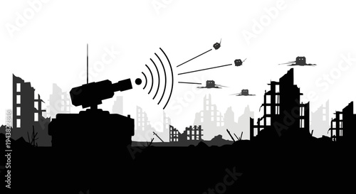 Silhouette of a tank firing missiles in a destroyed city, war concept