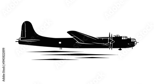 Silhouette of a vintage bomber airplane in flight, black and white illustration