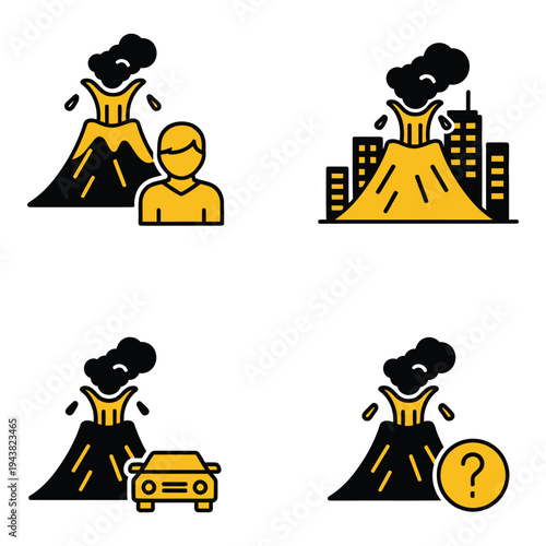 Vector art of four icons depicting a volcano eruption with different scenarios person, city, car, and question mark