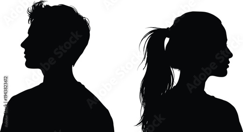 Black Vector Silhouette Profile of a Young Man and Woman Facing Away From Each Other on a Transparent White Background