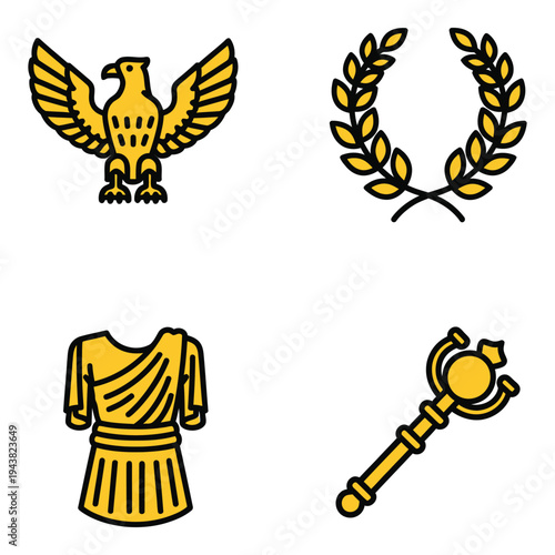 Vector art of collection of four yellow icons depicting ancient roman symbols eagle, laurel wreath, toga, and scepter