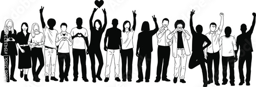 Diverse Group of People Silhouette Vector Illustration Cheering and Making Heart Hand Gestures for Unity Love Peace and Community Concept