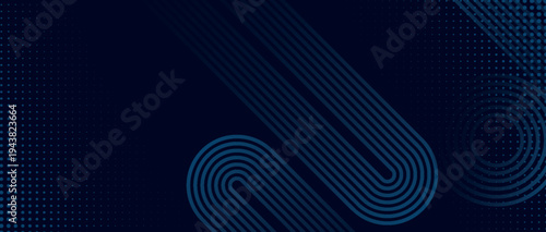Dark blue abstract background with glowing blue curved lines decoration. Modern and futuristic geometric line and halftone dot design. Vector illustration.