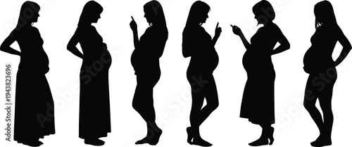 Set of Pregnant Woman Silhouettes in Various Poses and Stages of Pregnancy for Maternity Healthcare Motherhood and Prenatal Care Illustration
