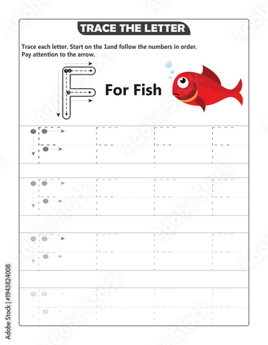 Trace the Letter F for Fish Worksheet – Preschool Alphabet Tracing Practice for Kids