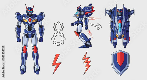 A blue and red robot with shield and lightning bolts disassembles into parts.