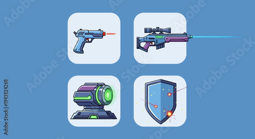 Four icons of futuristic weapons and shields on a blue background