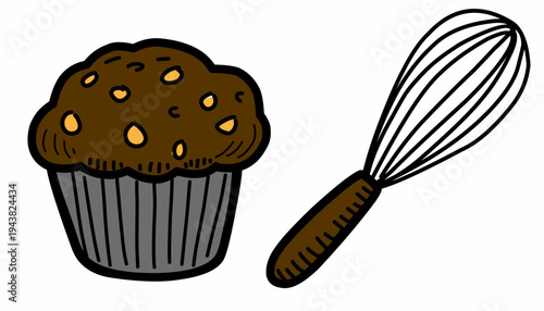 Doodle Muffin whisk baking. Cupcake kitchen. Handdrawn bakery illustration. 