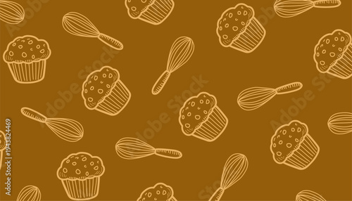 Muffin whisk baking pattern. Cupcake kitchen seamless texture. Handdrawn bakery illustration. Pastry cooking repeat background. Baking wrapping surface.