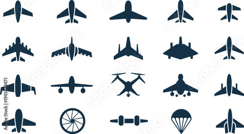Airplane aircraft silhouettes collection, aviation transport icons including jet drone parachute vector illustration isolated flight design elements