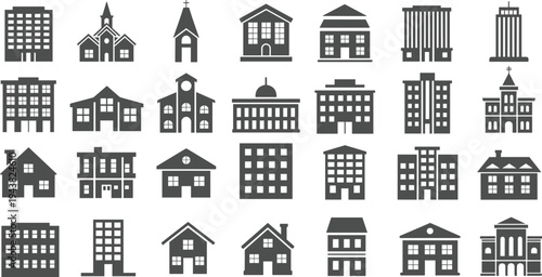 Building and house icons collection, residential homes schools churches offices vector architecture silhouettes isolated city structure set