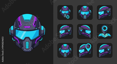 A futuristic purple and blue robotic helmet with various neon-lit components and multiple views on a dark background.