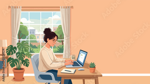 Young woman working diligently on her laptop at a desk.