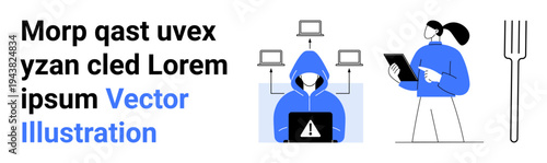 Cybersecurity, hacking, data privacy, technology, digital communication, online safety. Hooded figure with laptop warning, network icons person holding a tablet. Cybersecurity and hacking concept