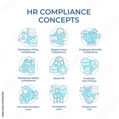 Hr compliance soft blue concept icons. Employment law, human resources. Workers payment. Icon pack. Vector images. Round shape illustrations for presentation, article. Abstract idea