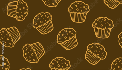 Muffin seamless pattern illustration. Hand drawn bakery texture. Cupcake outline repeat background. Minimal line baking design. Pastry wrapping surface.