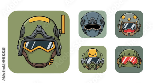 Military helmets with goggles and masks are displayed on a green background