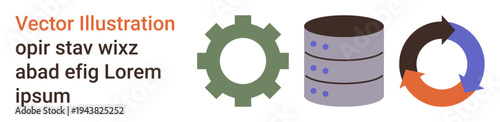 Data management, workflow optimization, system integration, database infrastructure, storage solutions, software development. Gear, database stack and cyclic process symbols. Data management