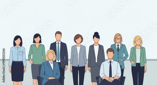 Diverse group of business professionals standing and sitting in formal attire teamwork concept