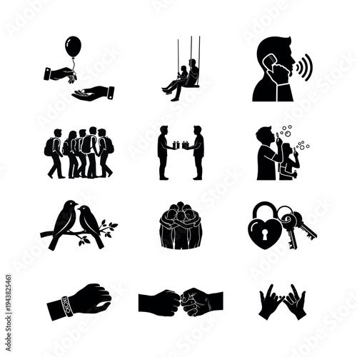 Friendship and bonding silhouette vector icon set - 12 isolated elements.