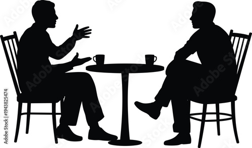 Two men silhouettes sitting at table drinking coffee and talking showing conversation, meeting, discussion, friendship and casual communication concept