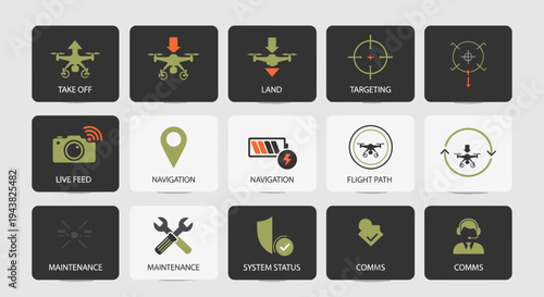 A collection of various drone icons and symbols on a gray background related to technology and navigation.