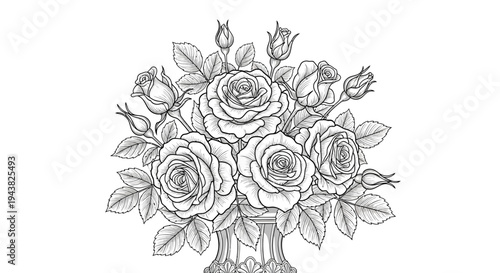 A detailed line drawing of a bouquet of roses in a vase, perfect for artistic inspiration or floral design projects