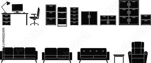 Office and home furniture silhouette set with desk chair sofa cabinets and shelves vector illustration isolated on white background for