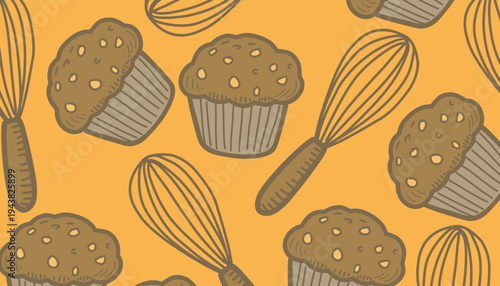Muffin whisk baking pattern. Cupcake kitchen seamless texture. Handdrawn bakery illustration. Pastry cooking repeat background. Baking wrapping surface.
