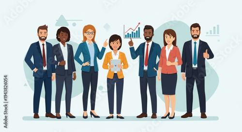 Diverse business team standing together in professional attire with graphs and charts in background for corporate and teamwork concepts