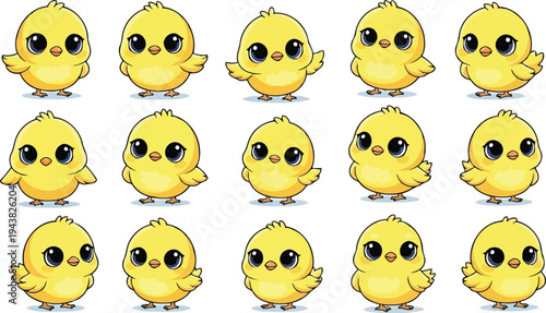 Kawaii yellow baby chicken characters set isolated
