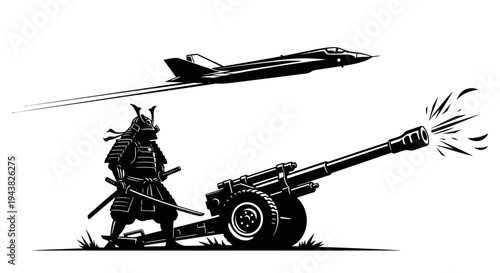 Samurai Warrior with Cannon and Jet Fighter in a Surreal Battle Scene