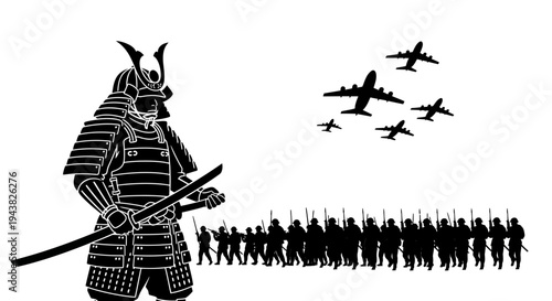 Samurai Warrior with Army and Airplanes - Historical Contrast