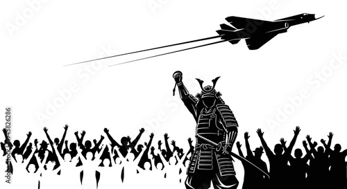 Samurai Warrior with Raised Sword and Fighter Jet Flying Over Crowd