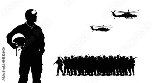 Silhouette of a soldier holding helmet with helicopters and army in background