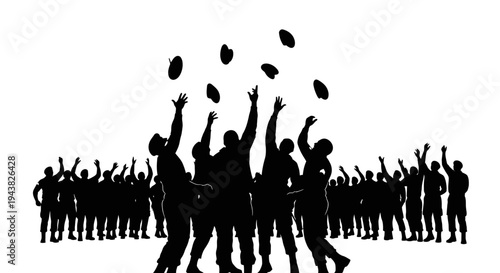 Silhouette of crowd celebrating, throwing hats in the air, joyful, energetic, festive atmosphere