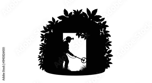 Silhouette of Metal Detectorist Exploring Hidden Entrance in Lush Foliage