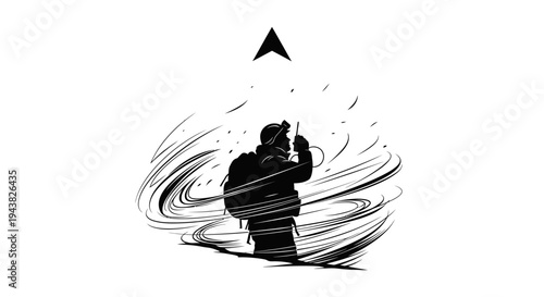 Silhouette of hiker with backpack using radio in blizzard, north arrow indicating direction