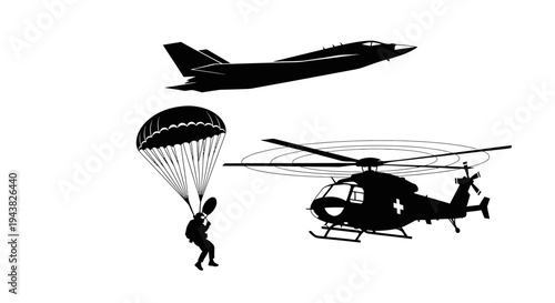 Silhouette of Military Aircraft, Helicopter, and Parachutist in Flight