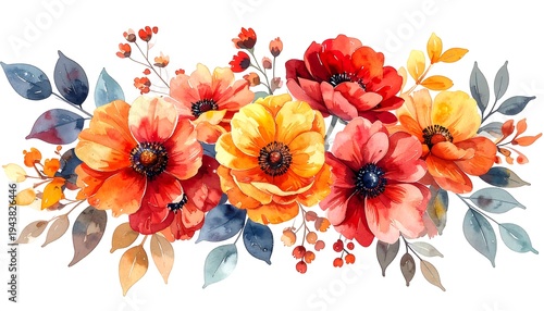 Watercolor Floral Arrangement - Vibrant Poppies and Foliage.