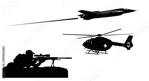 Silhouette of Sniper Aiming at Helicopter and Jet Fighter in Combat Scenario