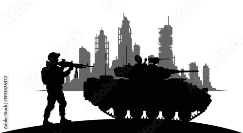 Silhouette of Soldier and Tank against Ruined City Skyline
