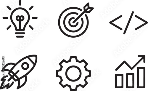 Startup business development concept icons set including lightbulb target coding rocket and growth vector illustration