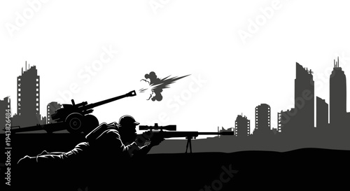 Silhouette of Sniper and Artillery in Destroyed Cityscape with Exploding Aircraft