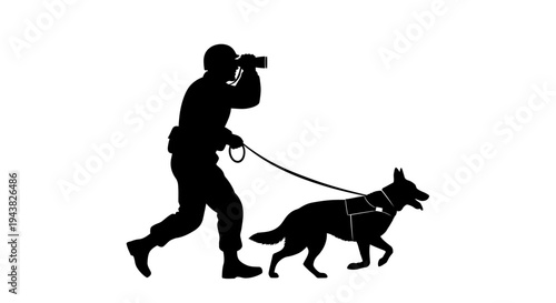 Silhouette of Soldier with Binoculars and Police Dog on Patrol